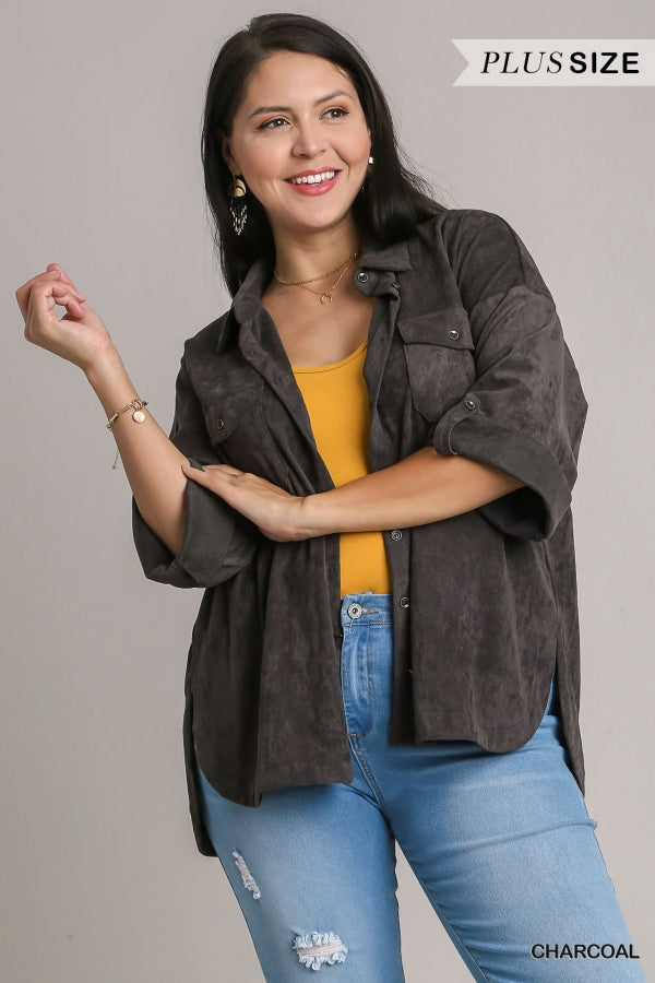 Solid Suede Long Sleeve Button Down Top in Plus Size by Umgee Clothing