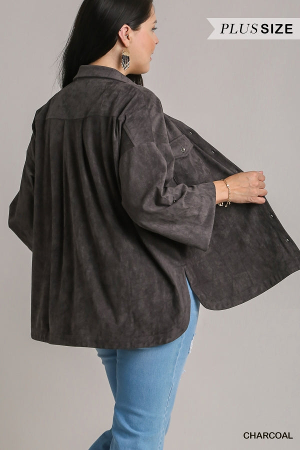 Solid Suede Long Sleeve Button Down Top in Plus Size by Umgee Clothing
