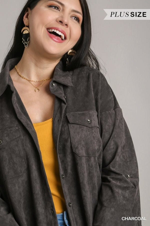 Solid Suede Long Sleeve Button Down Top in Plus Size by Umgee Clothing