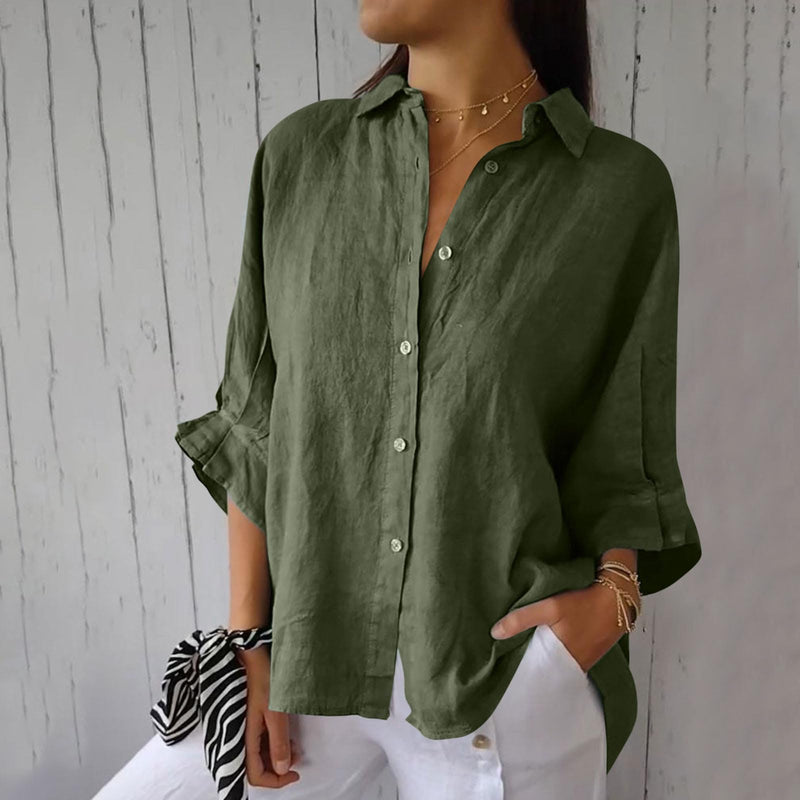 FOCLMP Women Button Down Shirts Cotton Linen Blouse Tops 3/4 Sleeve Gauze Collar Shirt Tunic Loose Fit Fashion Trendy Clothes Shirts for Women Plus Size Dressy Green S