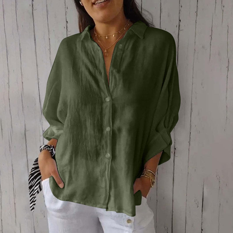 FOCLMP Women Button Down Shirts Cotton Linen Blouse Tops 3/4 Sleeve Gauze Collar Shirt Tunic Loose Fit Fashion Trendy Clothes Shirts for Women Plus Size Dressy Green S
