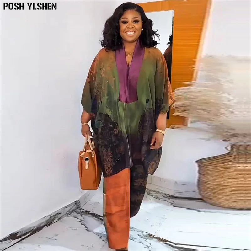 Two Piece Set Clothes for Women African Print Dresses Vacation Outfits 2024 Tops Pants Suit Dashiki Ankara Turkey Gown Plus Size
