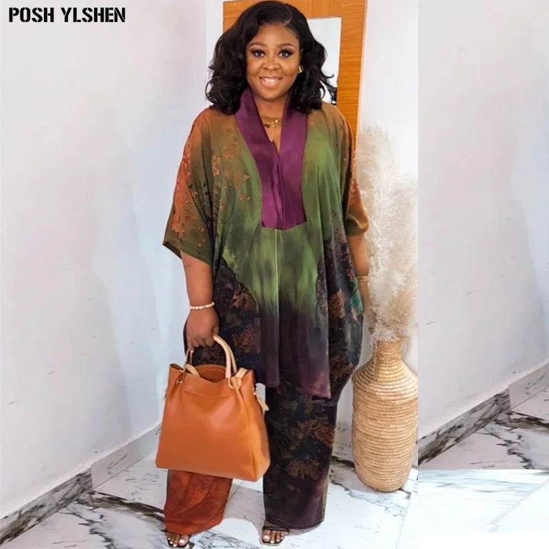 Two Piece Set Clothes for Women African Print Dresses Vacation Outfits 2024 Tops Pants Suit Dashiki Ankara Turkey Gown Plus Size