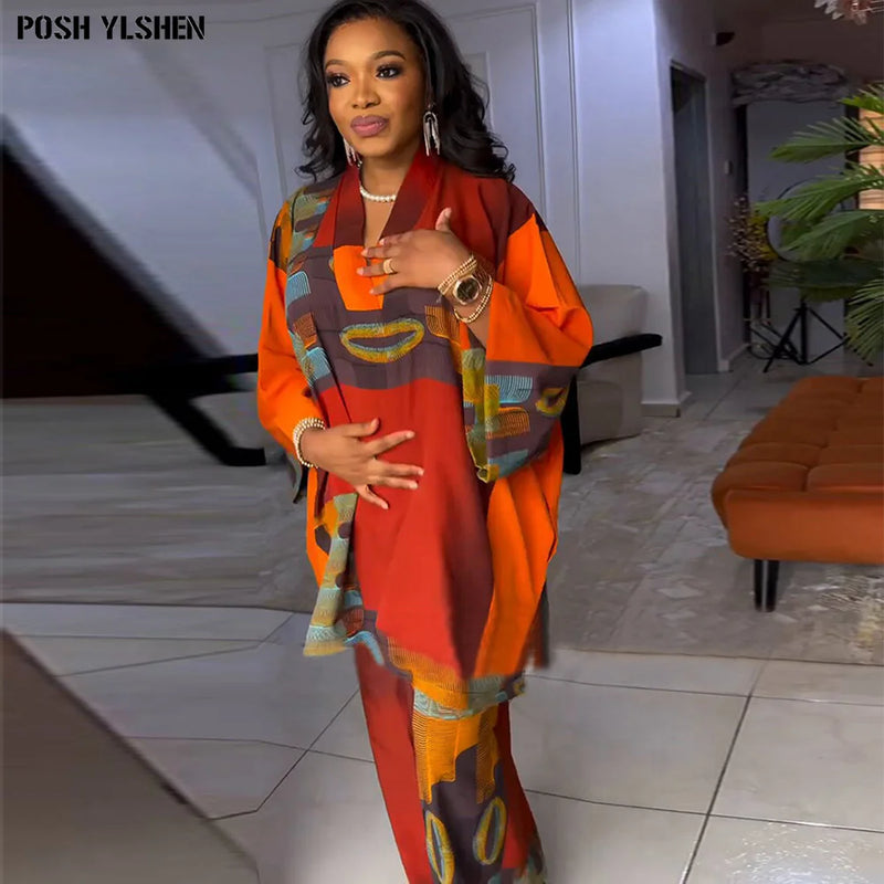Two Piece Set Clothes for Women African Print Dresses Vacation Outfits 2024 Tops Pants Suit Dashiki Ankara Turkey Gown Plus Size