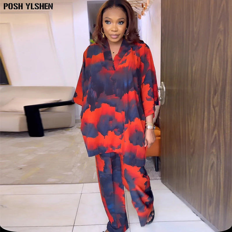Two Piece Set Clothes for Women African Print Dresses Vacation Outfits 2024 Tops Pants Suit Dashiki Ankara Turkey Gown Plus Size