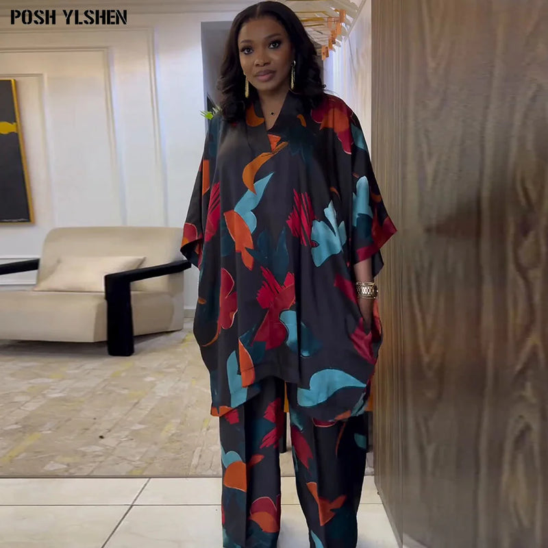 Two Piece Set Clothes for Women African Print Dresses Vacation Outfits 2024 Tops Pants Suit Dashiki Ankara Turkey Gown Plus Size