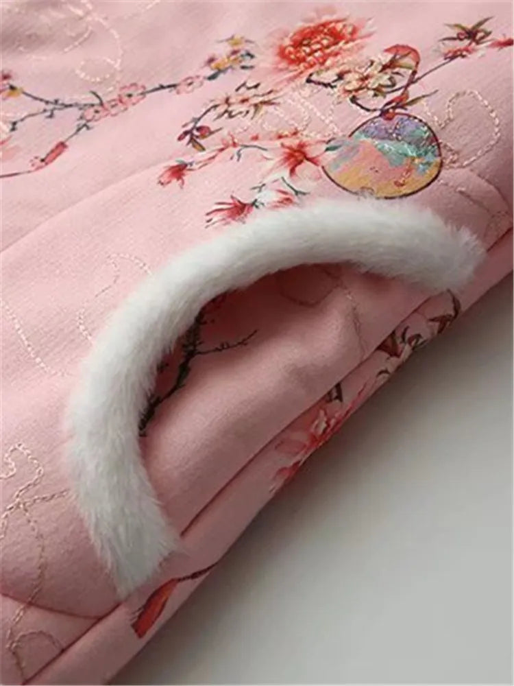 Plus Size Women's Clothing Winter Coat Warm Jacket With Chinese Style Flowers Design Thickened Coat With Cotton And Plush Inside