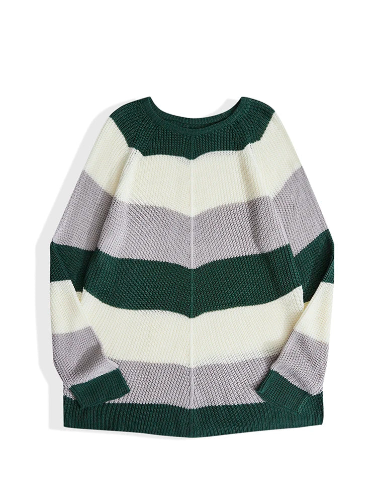 ONELINK Green White Grey Wide Stips O Neck Plus Size Autumn Winter 2022 Woolen Knit Pullover Women Sweater Oversize Clothing