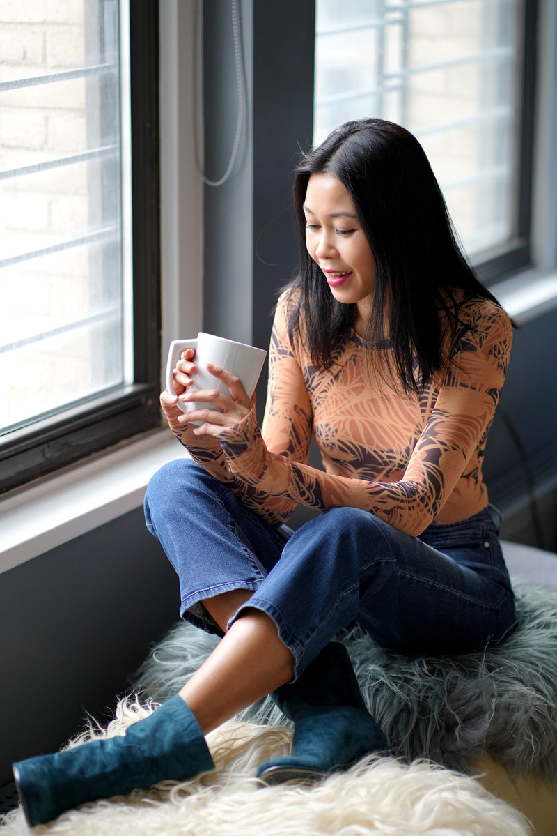Sheer Mesh Long Sleeve Print Bodysuit