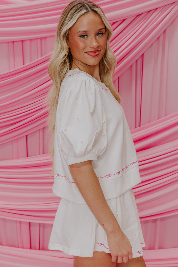 Bows And Kisses Pearl Embellished Top in White