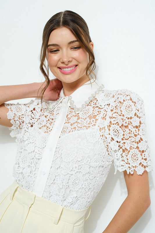 NEW!! Celina Pearl Embellished Button Up in White
