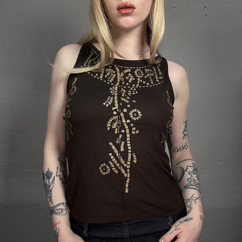 Vintage 90’s Indie Brown Embellished Sleeveless Top (M)