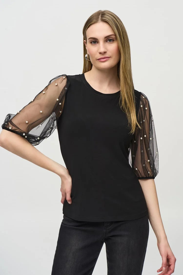 Silky Knit Top With Embellished Mesh Sleeves - Joseph Ribkoff