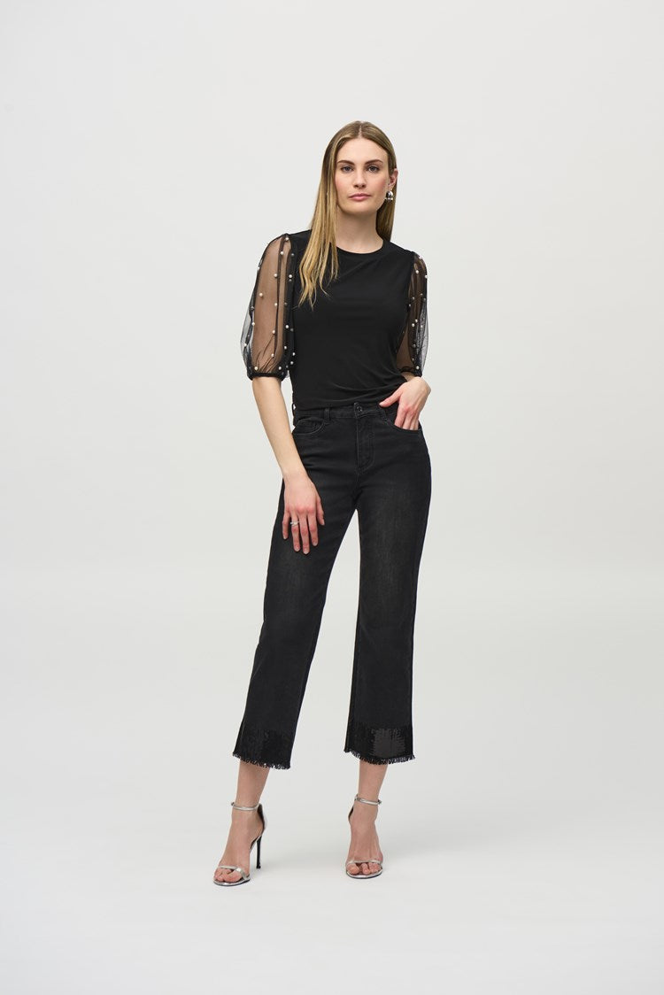 Silky Knit Top With Embellished Mesh Sleeves - Joseph Ribkoff
