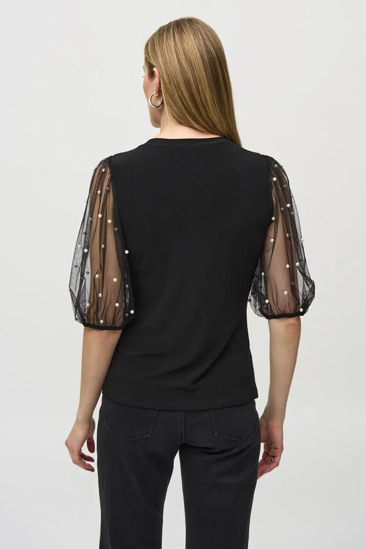 Silky Knit Top With Embellished Mesh Sleeves - Joseph Ribkoff