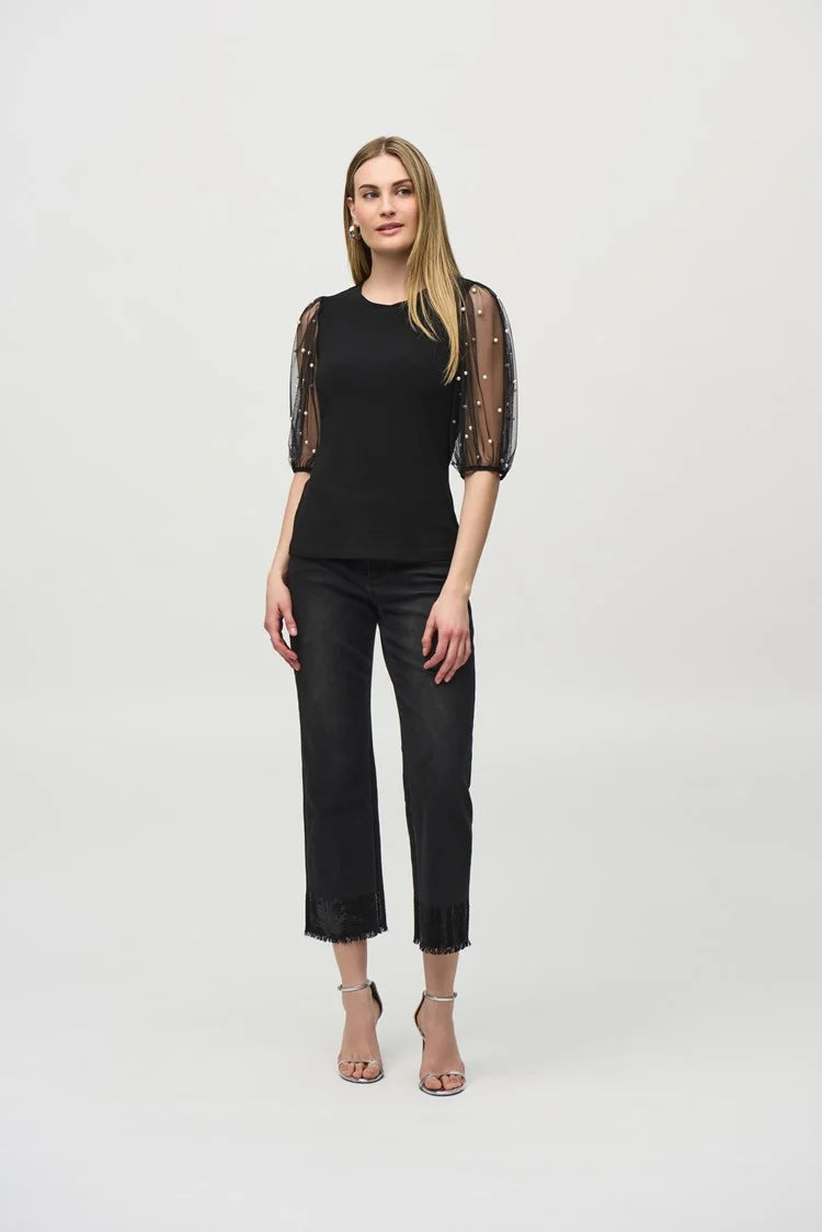 Silky Knit Top With Embellished Mesh Sleeves - Joseph Ribkoff