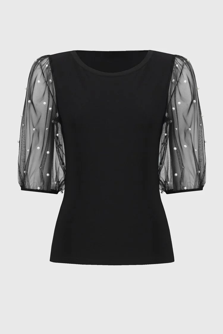 Silky Knit Top With Embellished Mesh Sleeves - Joseph Ribkoff