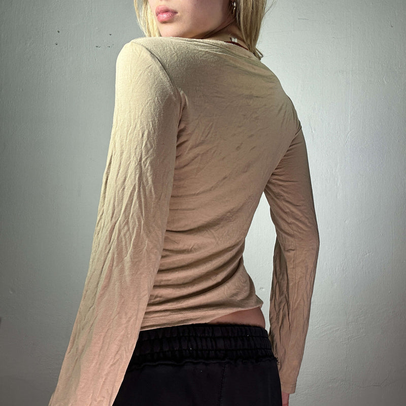 Vintage 2000's Archive Beige Embellished Longsleeve Top with Rhinestone Details (M)