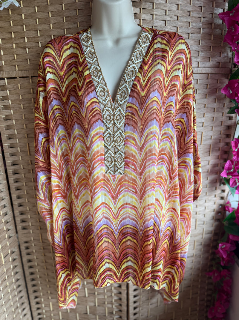 Jeff Gallano Orange Embellished Gold Thread Top