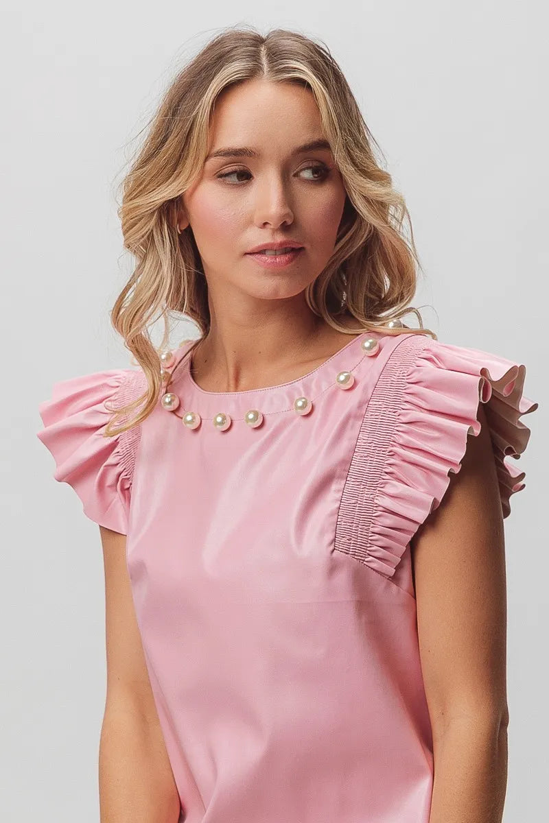 Pink Faux Leather Pearl Embellished Ruffle Sleeve Top
