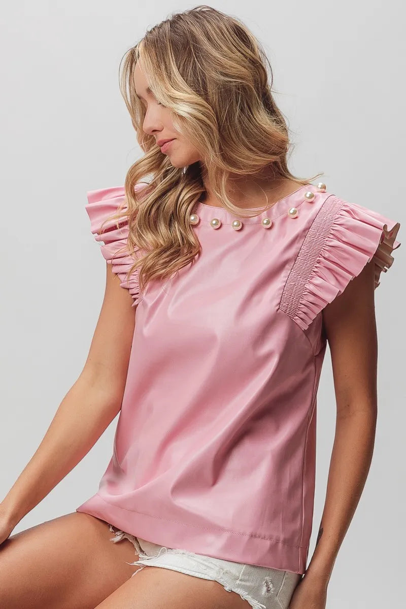 Pink Faux Leather Pearl Embellished Ruffle Sleeve Top