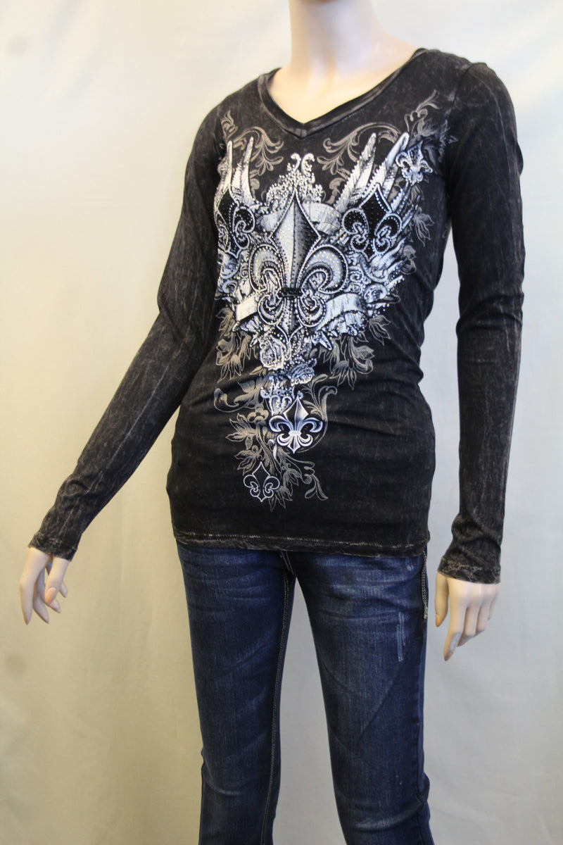 Vocal | Embellished Long Sleeve with Fleur De Lis Top