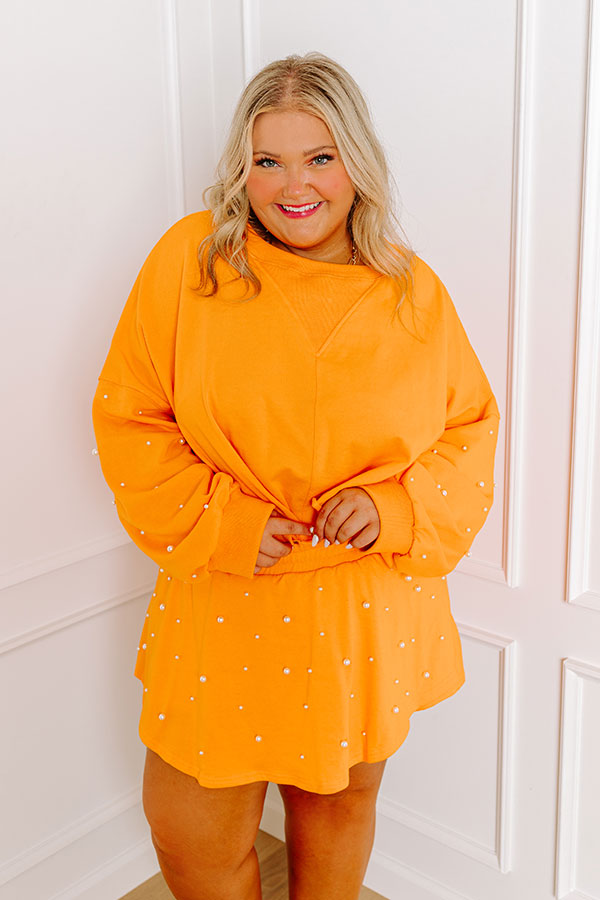 Sideline Chic Pearl Embellished Crop Sweatshirt in Orange Curves