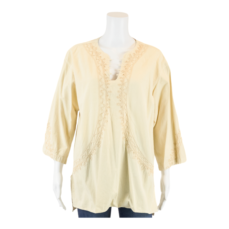 ELISA Boho Hippy Embellishment Cream 3/4 Sleeve Tunic Top Womens L