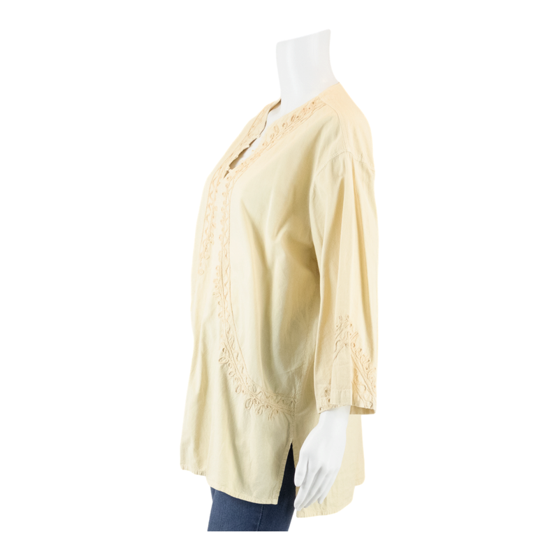 ELISA Boho Hippy Embellishment Cream 3/4 Sleeve Tunic Top Womens L