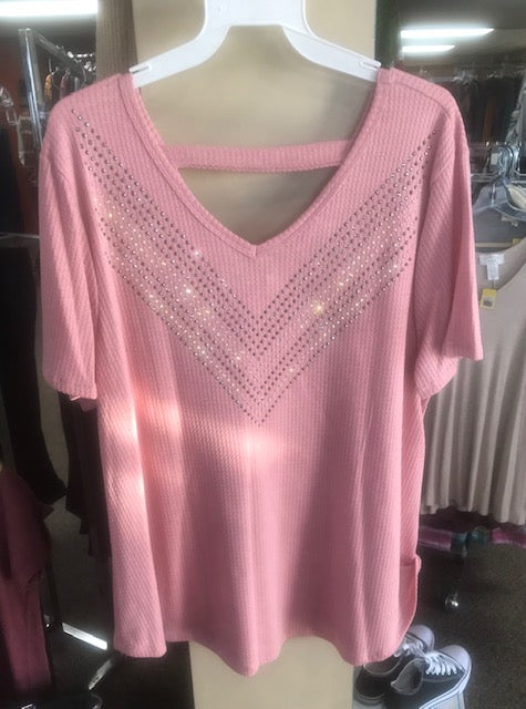 Women's Plus size blush rose, short sleeve shirt with rhinestone embellishments