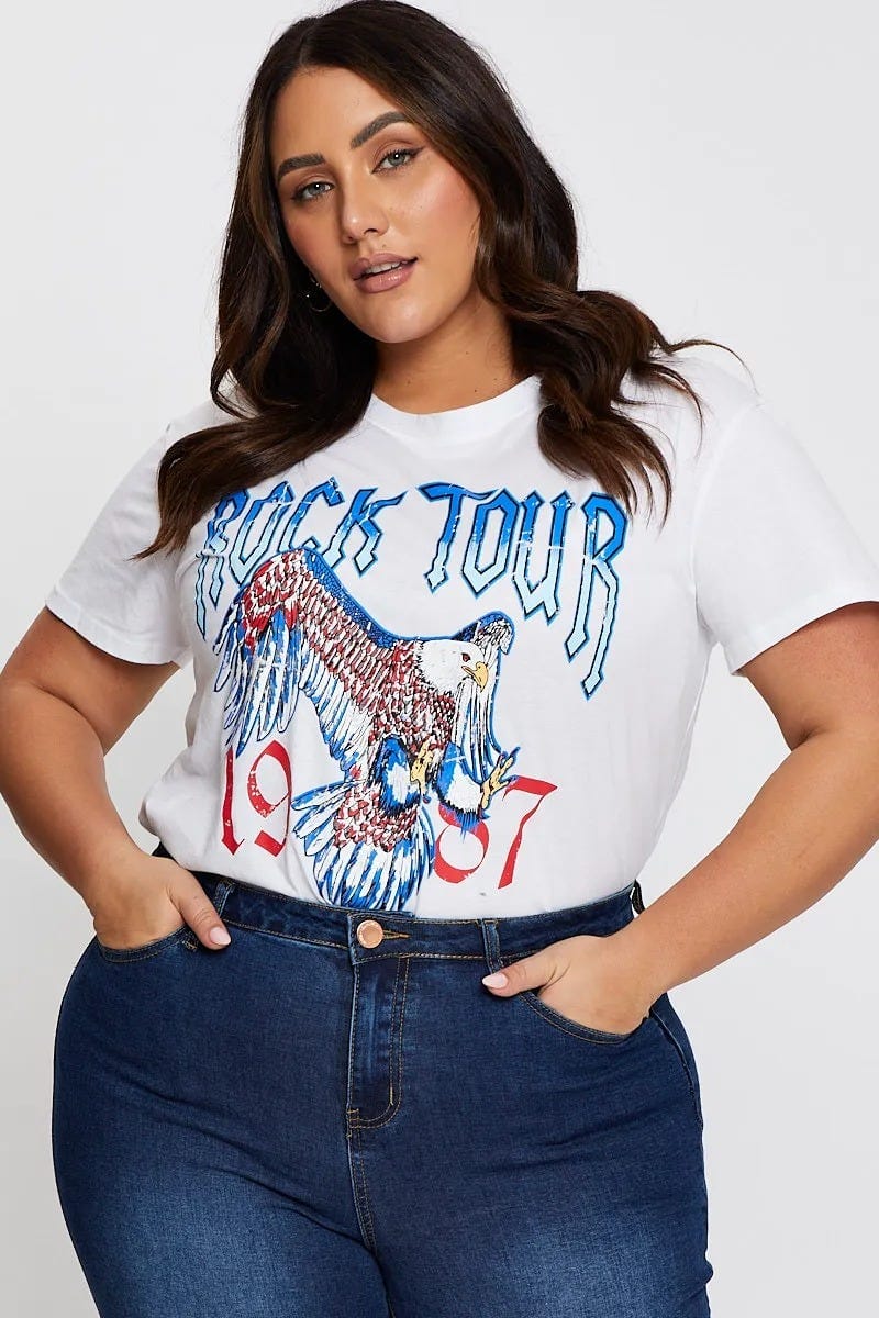 White Graphic T-shirt Rock Tour Crew Neck Short Sleeve