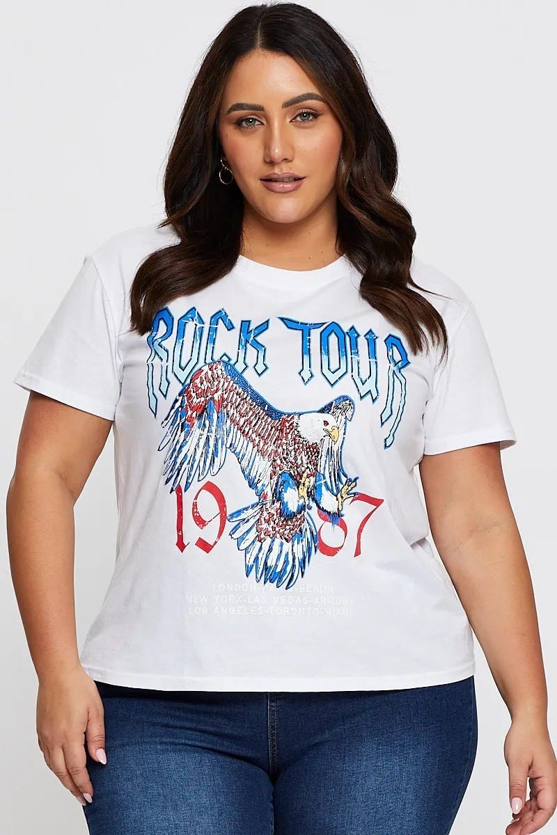 White Graphic T-shirt Rock Tour Crew Neck Short Sleeve