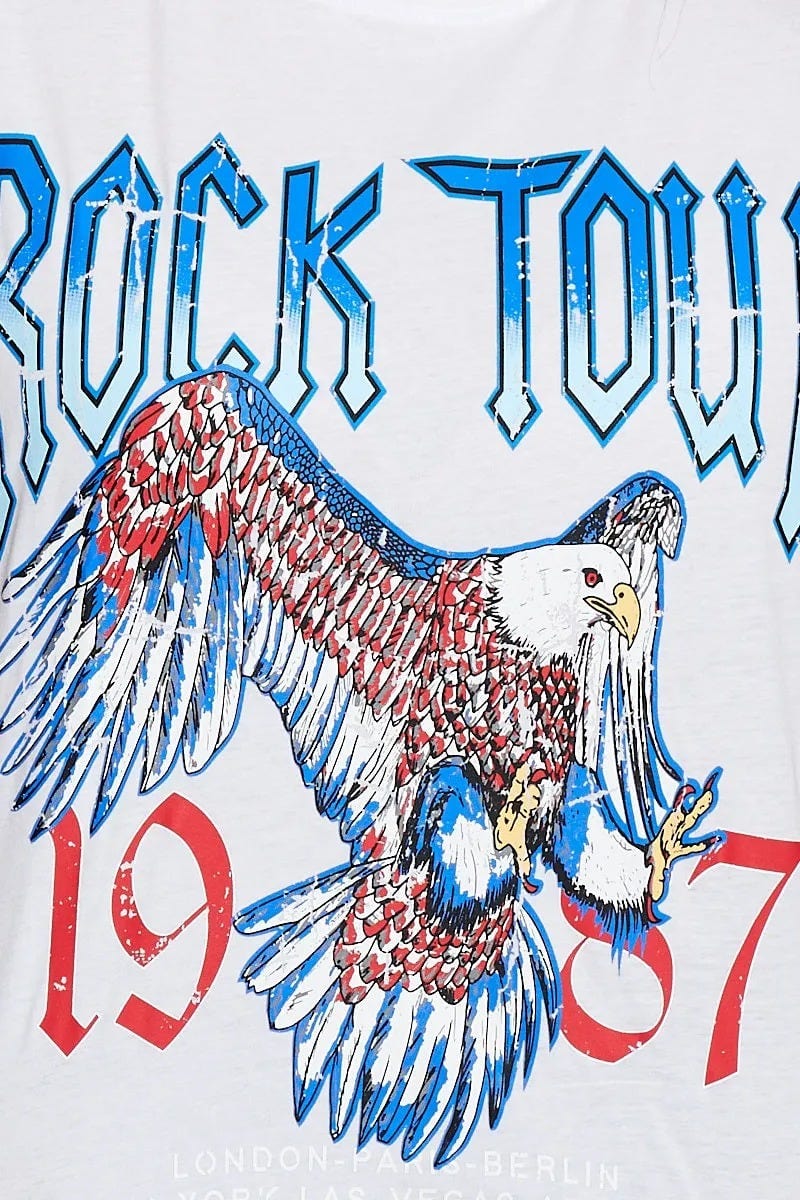White Graphic T-shirt Rock Tour Crew Neck Short Sleeve