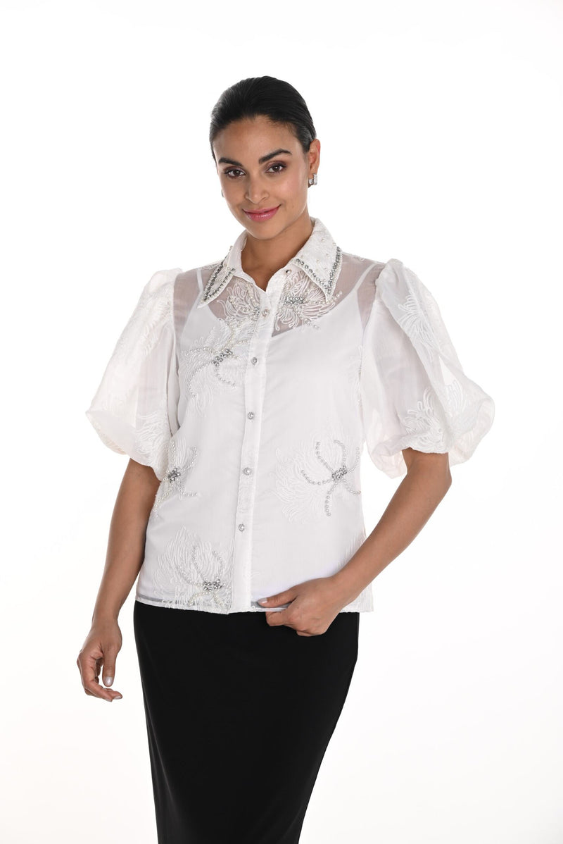 258722U - Embroidered Sheer Blouse w/ Embellishments