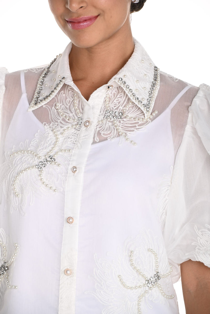 258722U - Embroidered Sheer Blouse w/ Embellishments