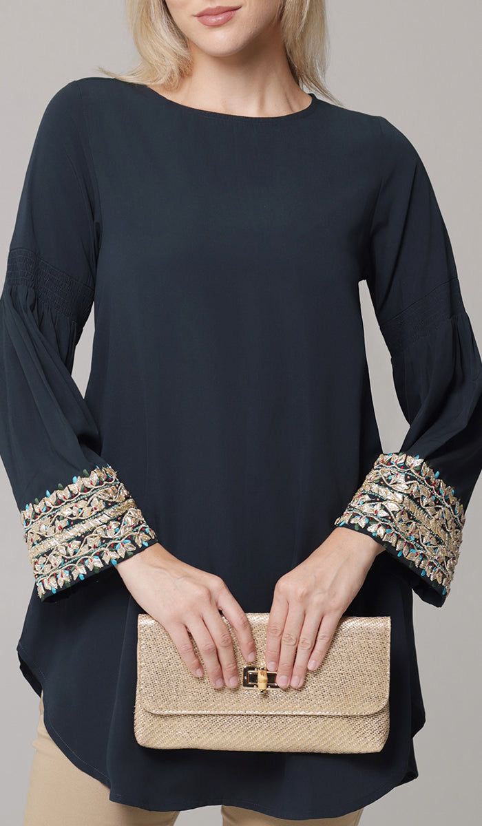Esme Gold Embellished Formal Long Modest Tunic - Teal