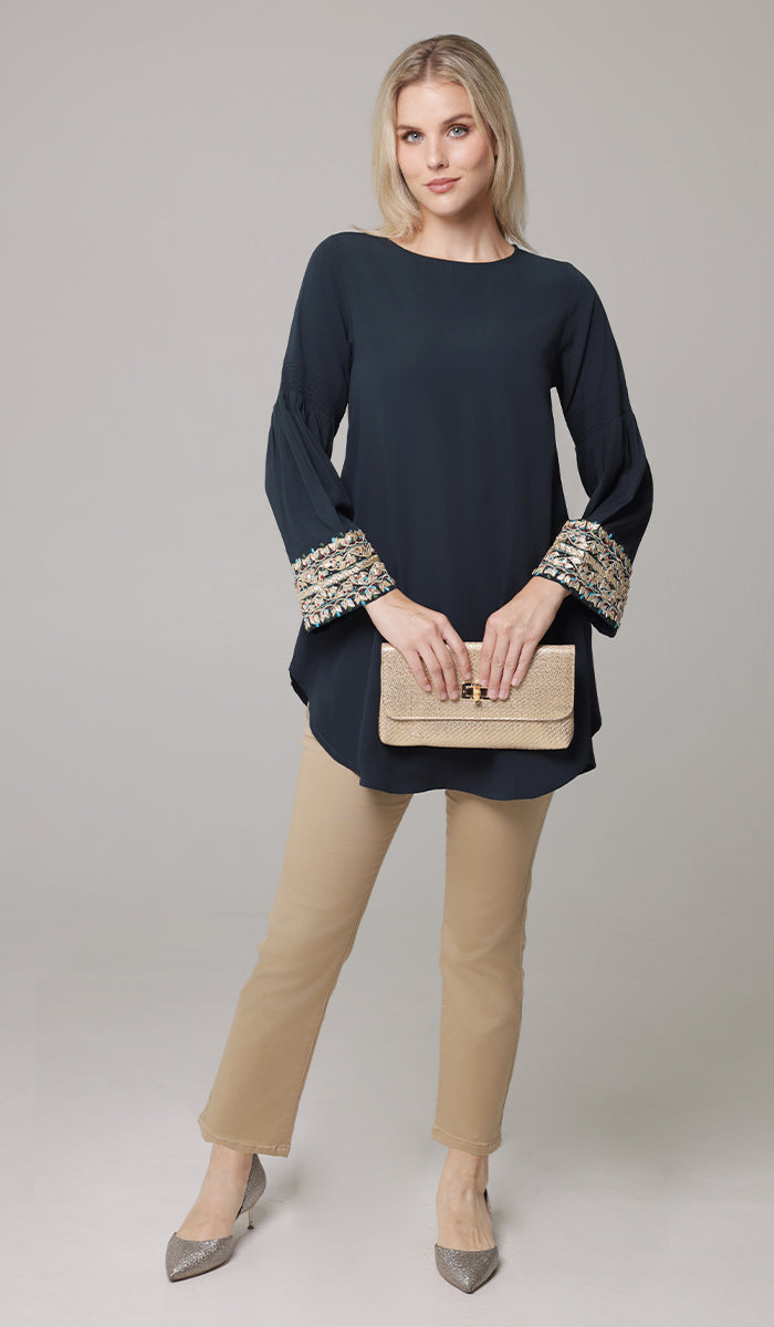 Esme Gold Embellished Formal Long Modest Tunic - Teal