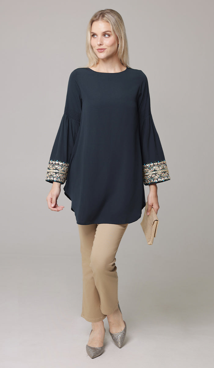 Esme Gold Embellished Formal Long Modest Tunic - Teal