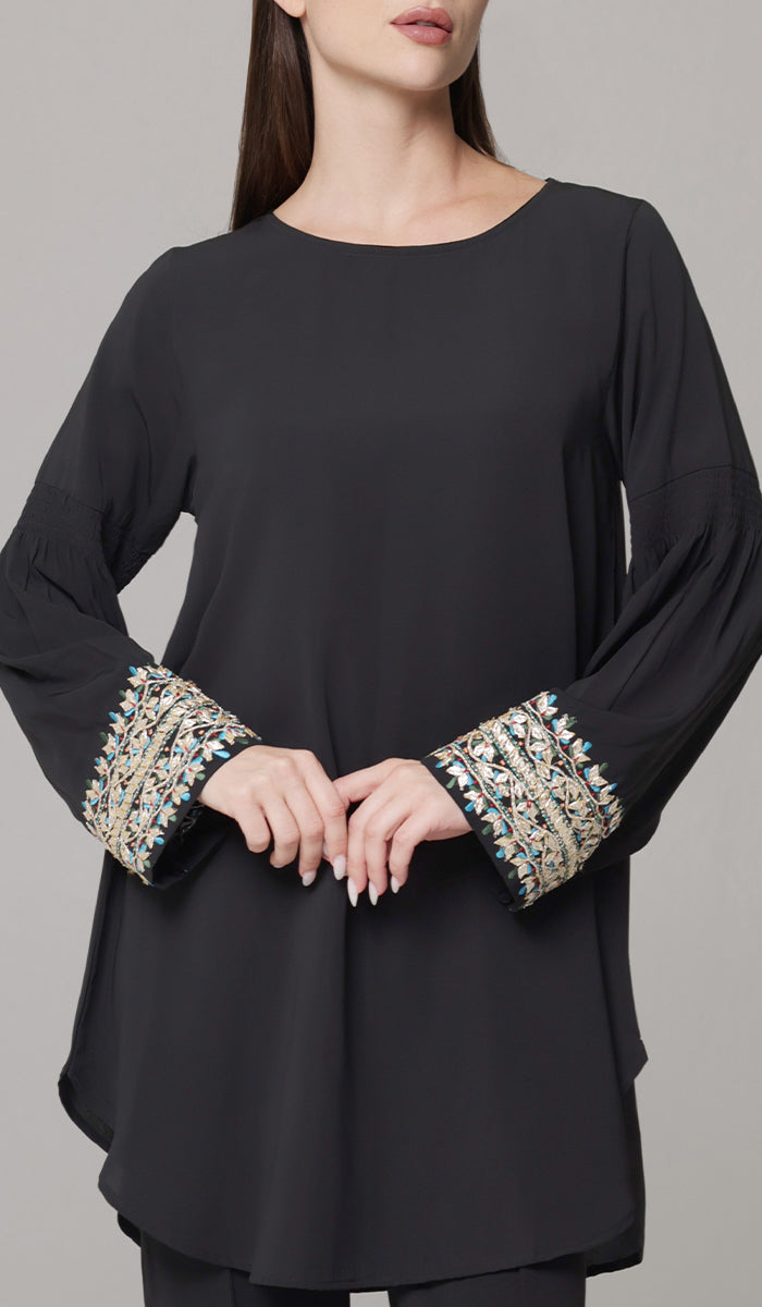 Esme Gold Embellished Formal Long Modest Tunic - Black