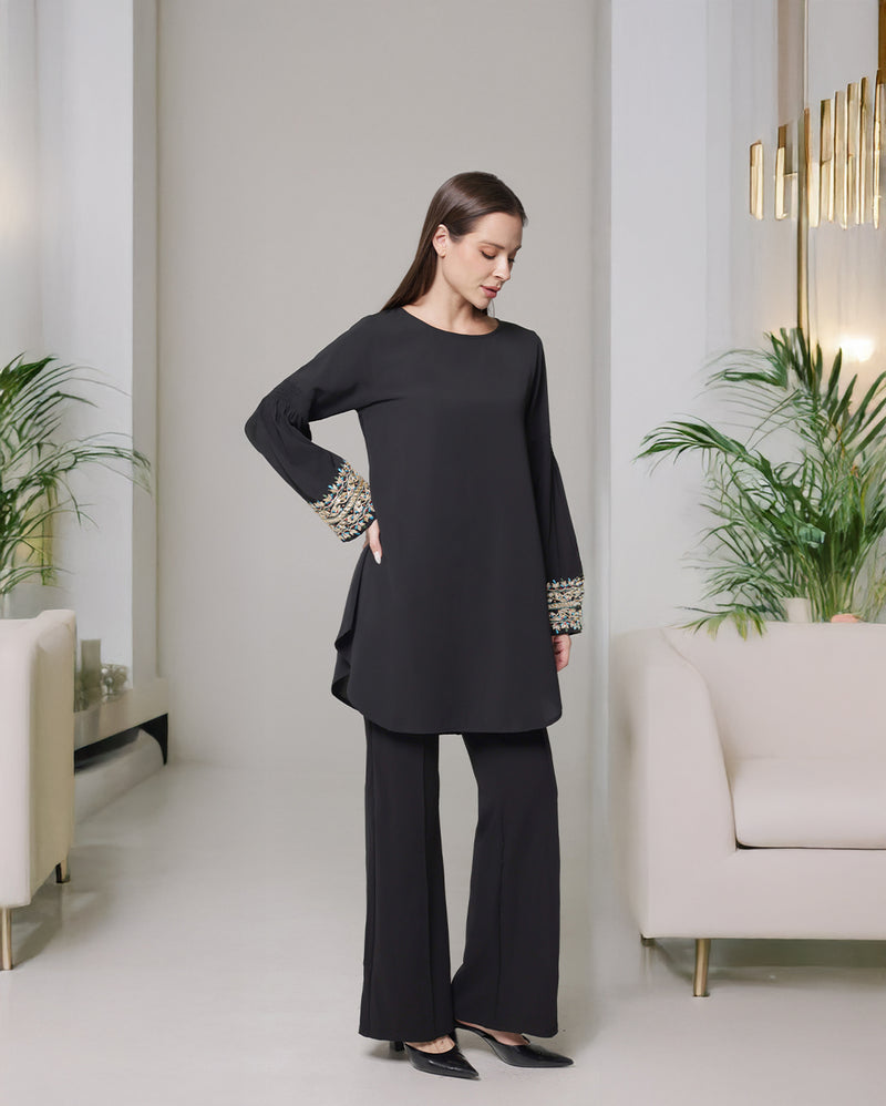 Esme Gold Embellished Formal Long Modest Tunic - Black