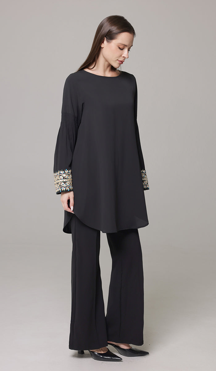 Esme Gold Embellished Formal Long Modest Tunic - Black