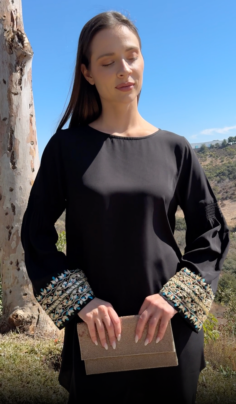 Esme Gold Embellished Formal Long Modest Tunic - Black