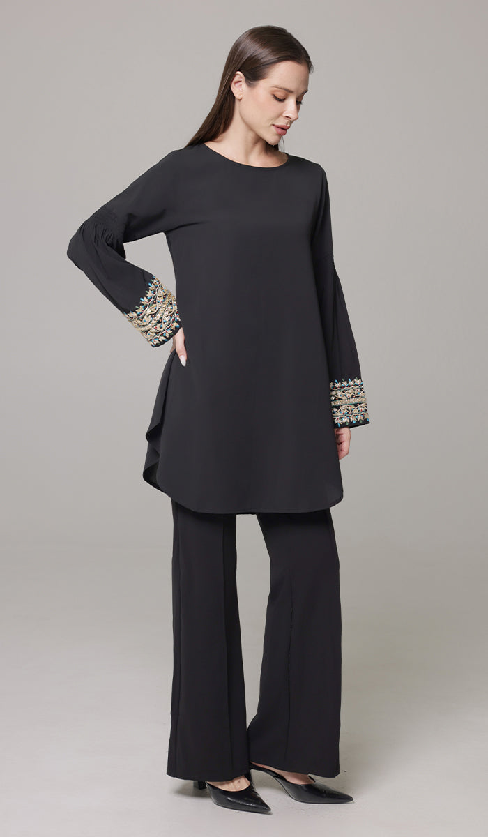 Esme Gold Embellished Formal Long Modest Tunic - Black