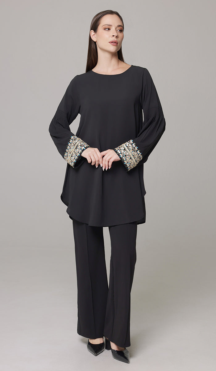 Esme Gold Embellished Formal Long Modest Tunic - Black