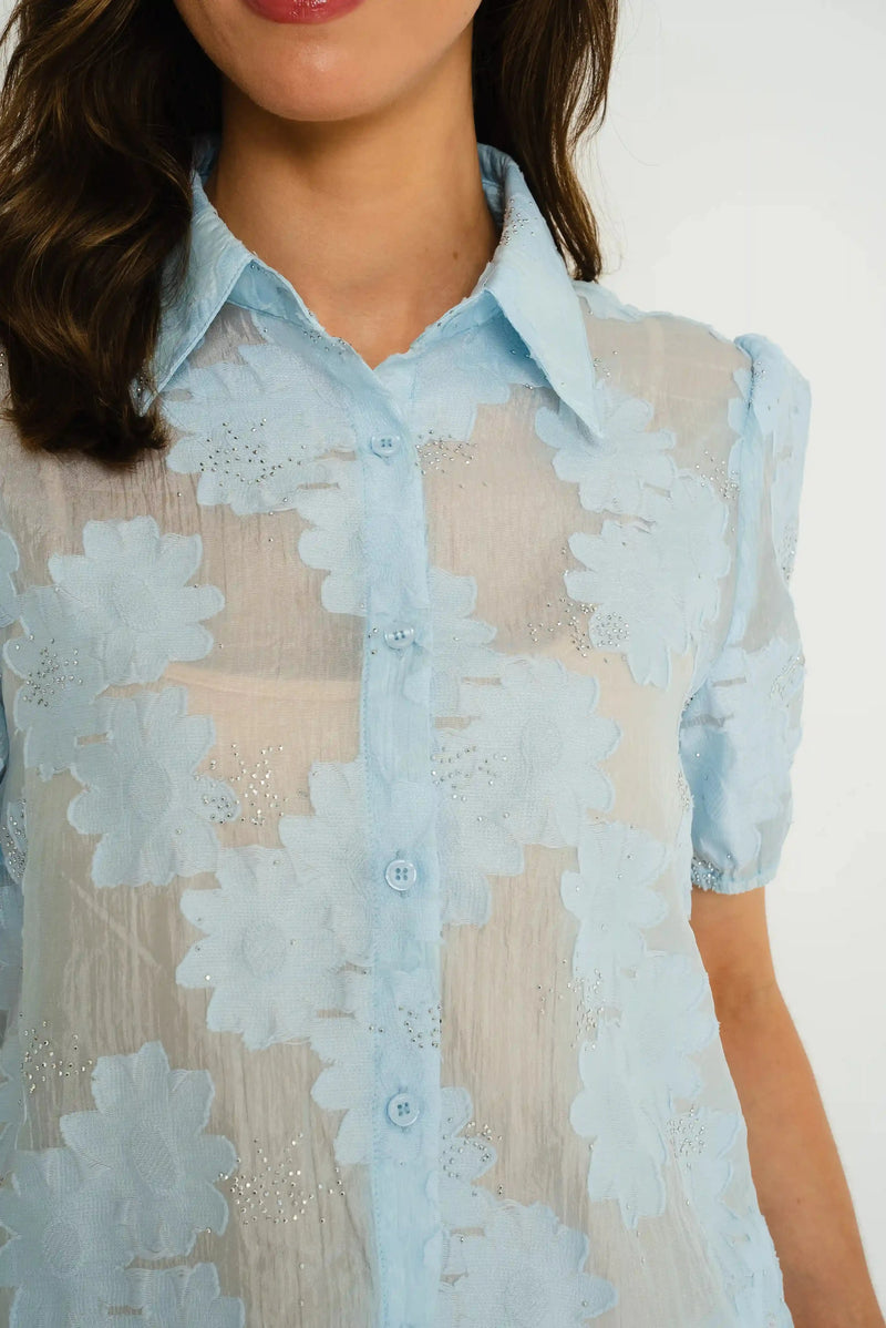 Light Blue Short Sleeve Floral Embellished Shirt