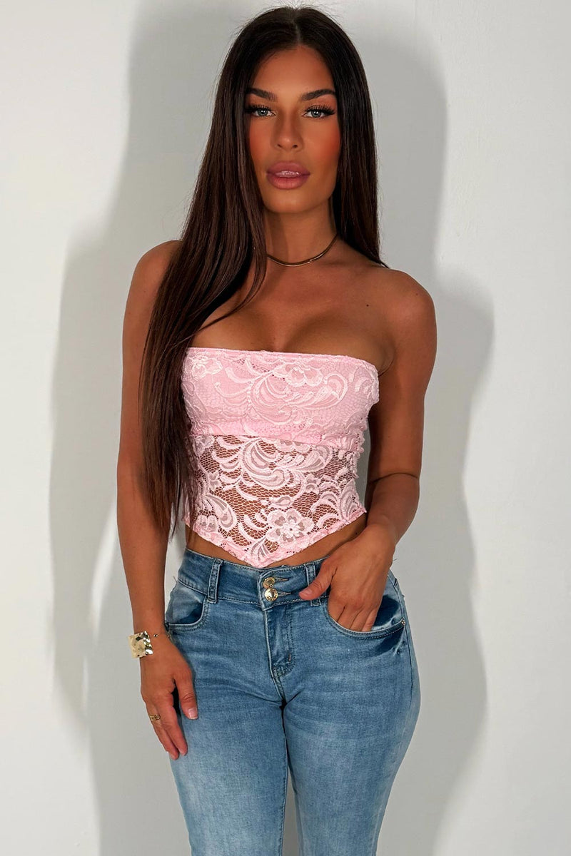 Bandeau Top In Lace Pink