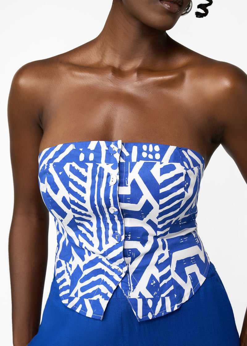 Tanina Women's African Print Button-Up Bandeau Top (White Cobalt Tribal)