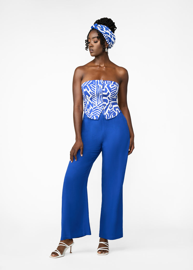 Tanina Women's African Print Button-Up Bandeau Top (White Cobalt Tribal)
