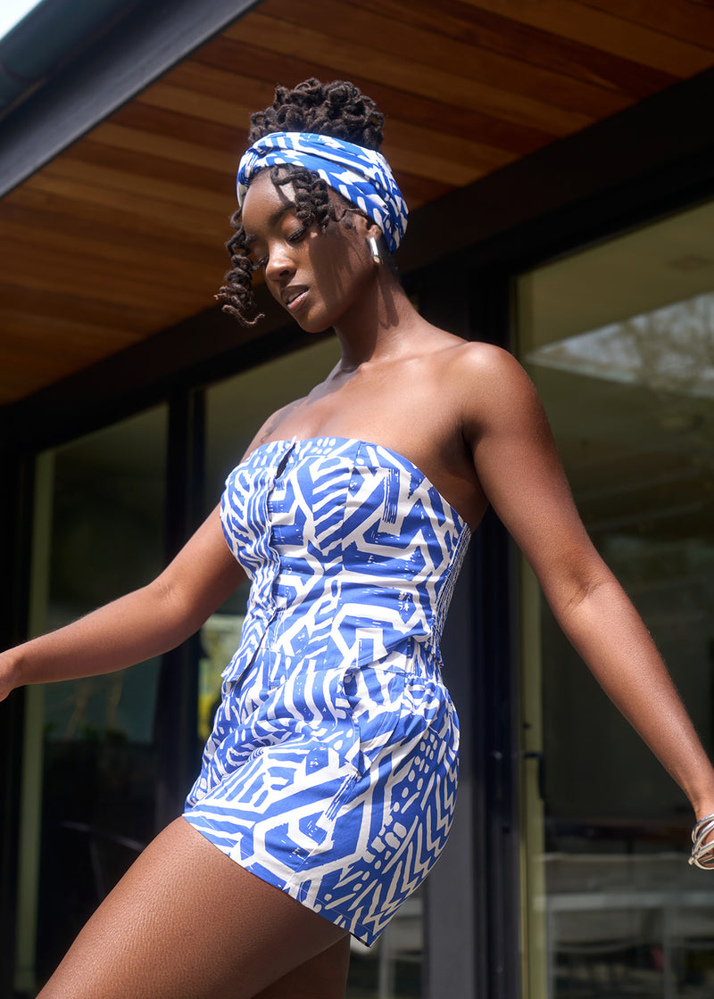 Tanina Women's African Print Button-Up Bandeau Top (White Cobalt Tribal)
