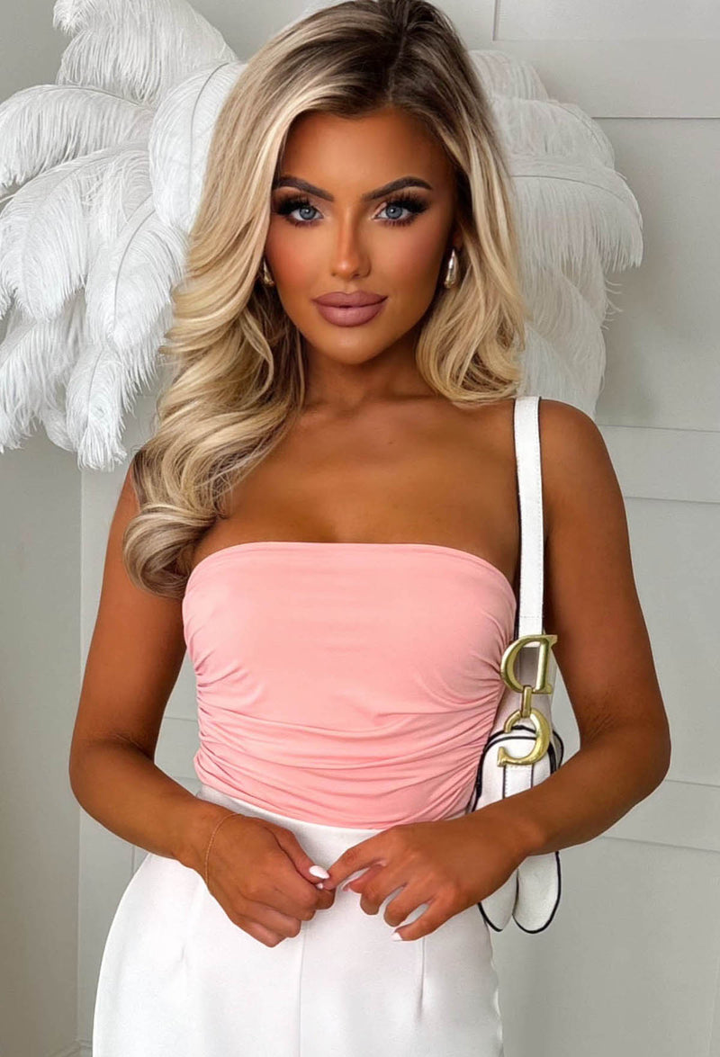 Your Girl Light Pink Bandeau Stretch Ruched Bodysuit